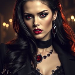 A vampire woman with an enchanting blend of Eiza Gonzalez and Minka Kelly's features, wearing rich wine lipstick and mesmerizing black sultry eyes