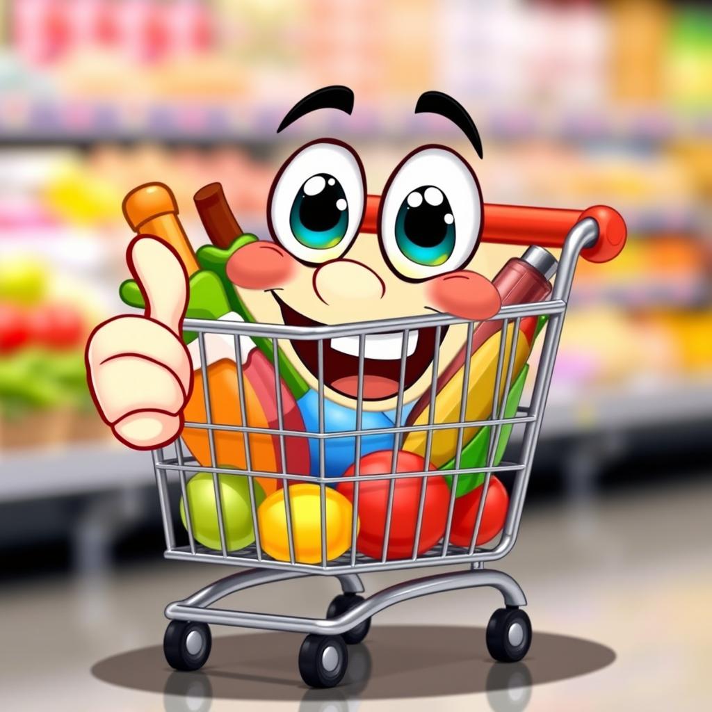 A cheerful, anthropomorphic shopping cart with a big smile, cartoon style, giving an 'ok' sign with its thumb