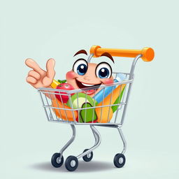 A cheerful, anthropomorphic shopping cart with a big smile, cartoon style, giving an 'ok' sign with its thumb