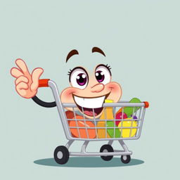 A cheerful, anthropomorphic shopping cart with a big smile, cartoon style, giving an 'ok' sign with its thumb