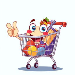 A cheerful, anthropomorphic shopping cart with a big smile, cartoon style, giving an 'ok' sign with its thumb