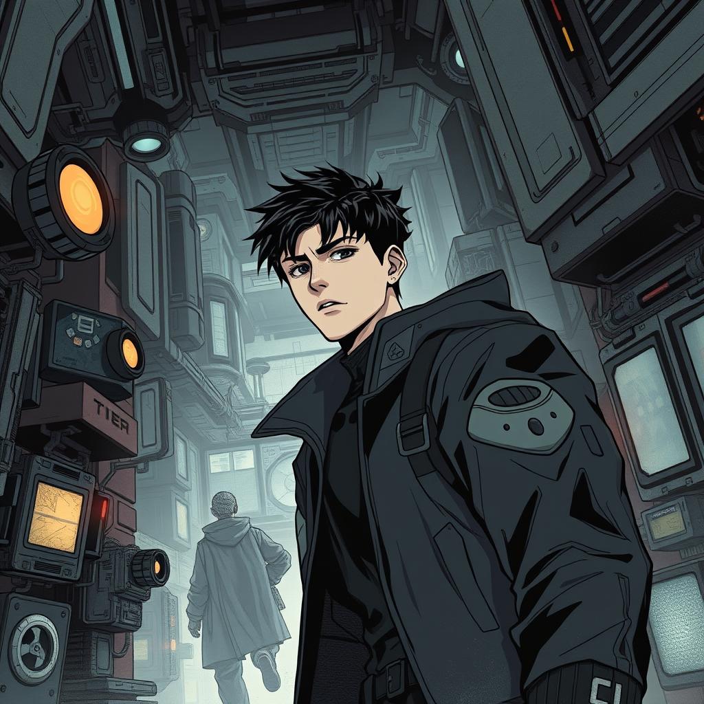 A dark sci-fi scene from a manhwa featuring a young male protagonist in a futuristic, dystopian setting