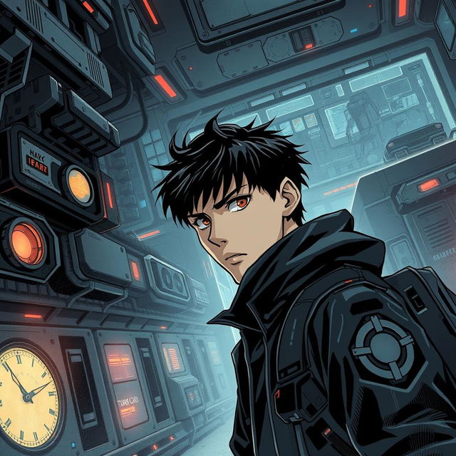 A dark sci-fi scene from a manhwa featuring a young male protagonist in a futuristic, dystopian setting