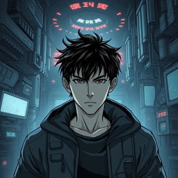 A dark sci-fi scene from a manhwa featuring a young male protagonist in a futuristic, dystopian setting