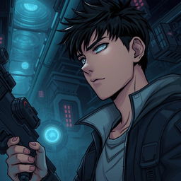 A dark sci-fi scene from a manhwa featuring a young male protagonist in a futuristic, dystopian setting