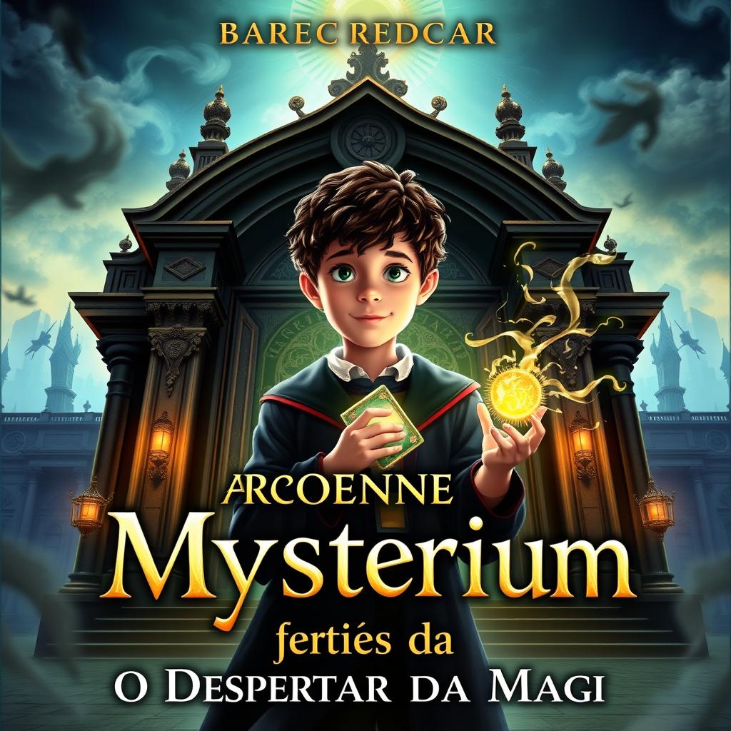 A captivating and intricate book cover for "As Crônicas de Mystérium: O Despertar da Magia", featuring young Liam Mercer, a 12-year-old boy with an air of mystery and a sense of responsibility, standing in front of the grand entrance of the illustrious Academia Mystérium