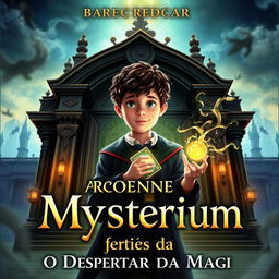 A captivating and intricate book cover for "As Crônicas de Mystérium: O Despertar da Magia", featuring young Liam Mercer, a 12-year-old boy with an air of mystery and a sense of responsibility, standing in front of the grand entrance of the illustrious Academia Mystérium