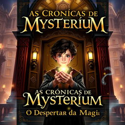 A captivating and intricate book cover for "As Crônicas de Mystérium: O Despertar da Magia", featuring young Liam Mercer, a 12-year-old boy with an air of mystery and a sense of responsibility, standing in front of the grand entrance of the illustrious Academia Mystérium