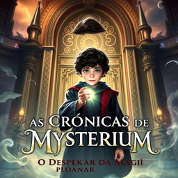 A captivating and intricate book cover for "As Crônicas de Mystérium: O Despertar da Magia", featuring young Liam Mercer, a 12-year-old boy with an air of mystery and a sense of responsibility, standing in front of the grand entrance of the illustrious Academia Mystérium