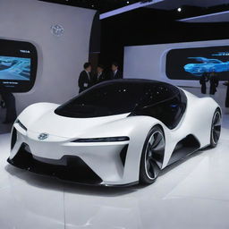 A futuristic Toyota car showcased in a far-off, technologically advanced setting