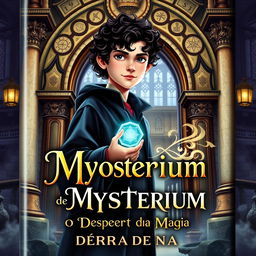 A captivating and intricate book cover for "As Crônicas de Mystérium: O Despertar da Magia", featuring young Liam Mercer, a 12-year-old boy with an air of mystery and a sense of responsibility, standing in front of the grand entrance of the illustrious Academia Mystérium