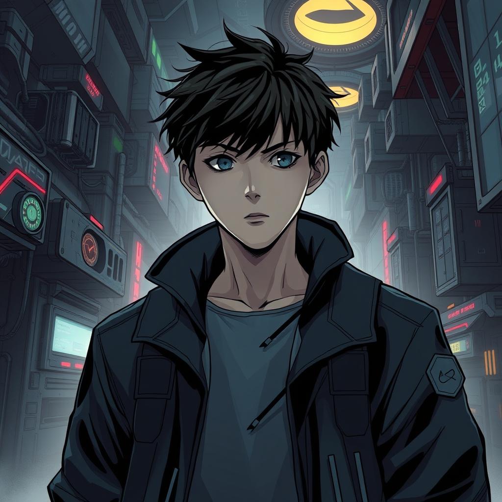 A dark sci-fi scene from a manhwa featuring a young male protagonist in a futuristic, dystopian setting