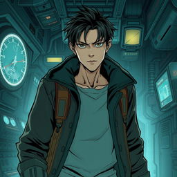 A dark sci-fi scene from a manhwa featuring a young male protagonist in a futuristic, dystopian setting