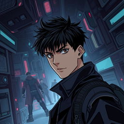 A dark sci-fi scene from a manhwa featuring a young male protagonist in a futuristic, dystopian setting