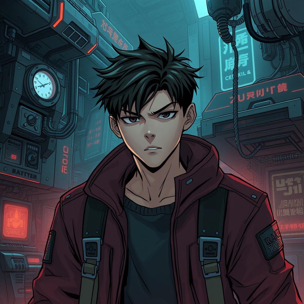 A dark sci-fi scene from a manhwa featuring a young male protagonist in a futuristic, dystopian setting