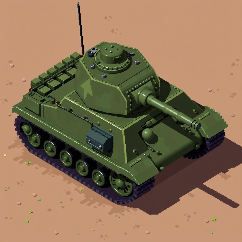 isometric pixel art of a WW2 M4 Sherman tank, showcasing its iconic green camouflage and distinct turret design