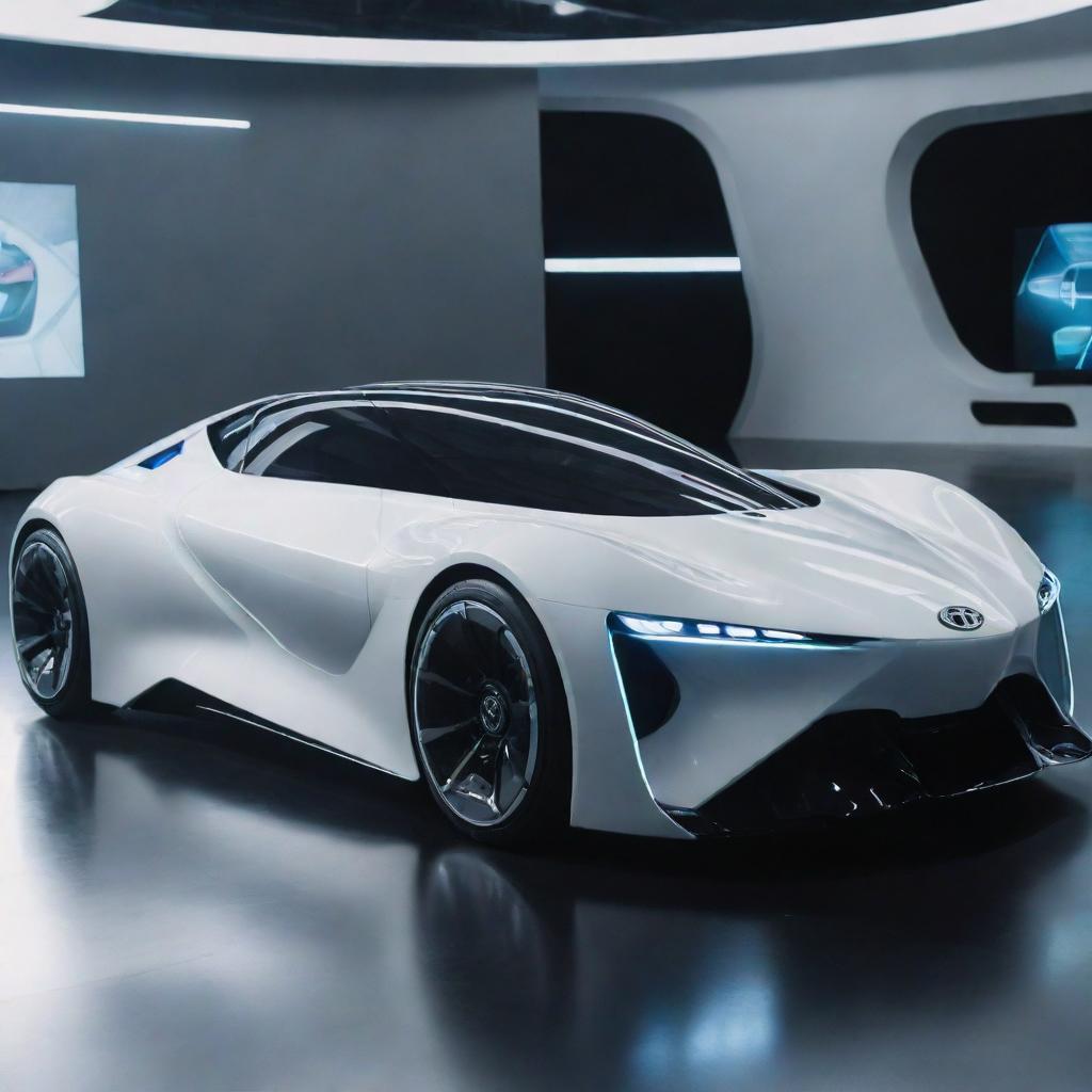 A futuristic Toyota car showcased in a far-off, technologically advanced setting