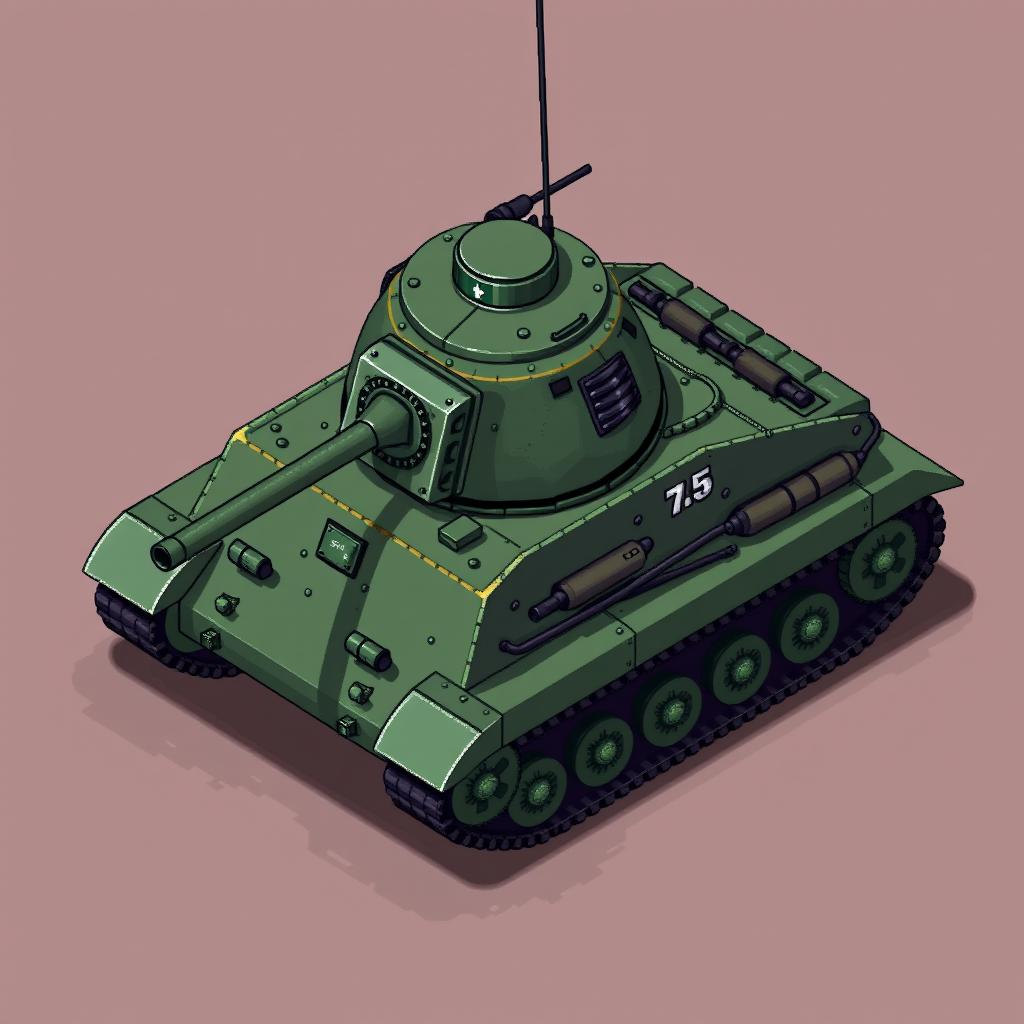 isometric pixel art of a WW2 M4 Sherman tank, showcasing its iconic green camouflage and distinct turret design