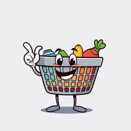 A cheerful, anthropomorphic shopping basket with a big smile, cartoon style, giving an 'ok' sign with its thumb