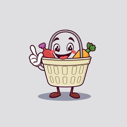 A cheerful, anthropomorphic shopping basket with a big smile, cartoon style, giving an 'ok' sign with its thumb