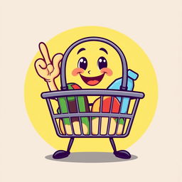 A cheerful, anthropomorphic shopping basket with a big smile, cartoon style, giving an 'ok' sign with its thumb