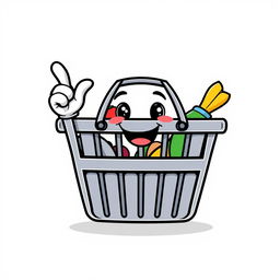 A cheerful, anthropomorphic shopping basket with a big smile, cartoon style, giving an 'ok' sign with its thumb