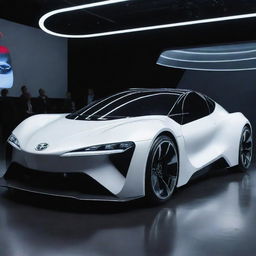 A futuristic Toyota car showcased in a far-off, technologically advanced setting