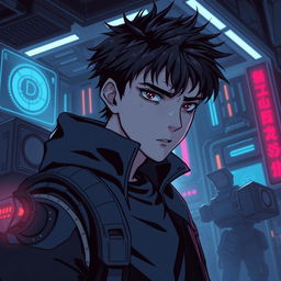 A dark sci-fi scene from a manhwa featuring a young male protagonist in a futuristic, dystopian setting