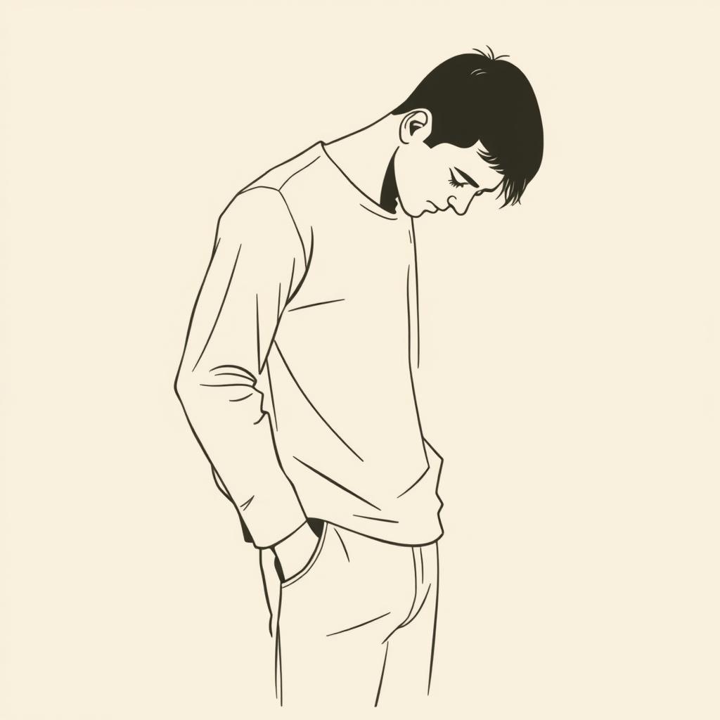 A minimalist and abstract vector art piece depicting a man overwhelmed with sadness, his hand in his pocket and eyes cast towards the ground