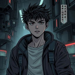 A dark sci-fi scene from a manhwa featuring a young male protagonist in a futuristic, dystopian setting