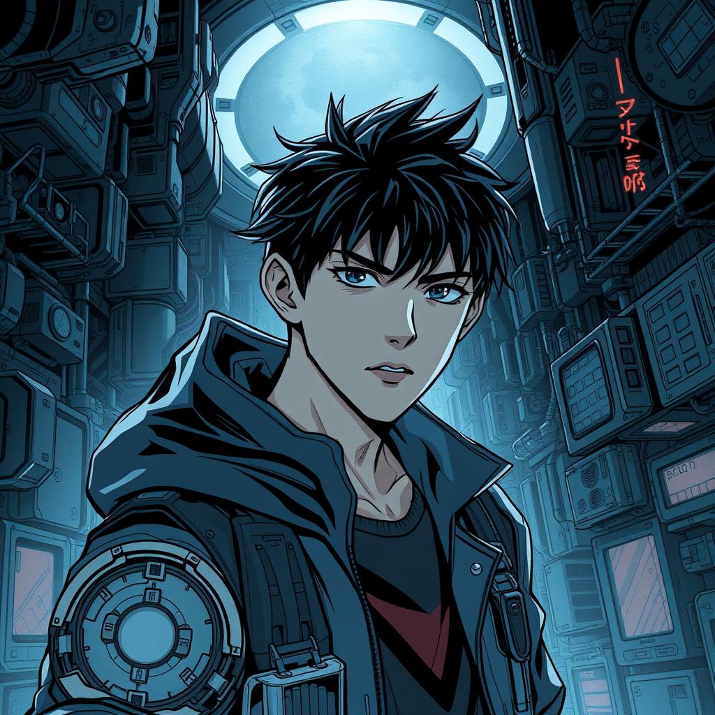 A dark sci-fi scene from a manhwa featuring a young male protagonist in a futuristic, dystopian setting