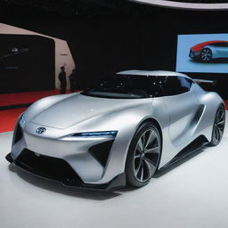 A futuristic Toyota car showcased in a far-off, technologically advanced setting