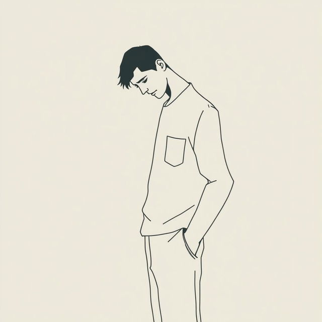 A minimalist and abstract vector art piece depicting a man overwhelmed with sadness, his hand in his pocket and eyes cast towards the ground