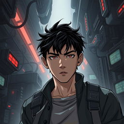 A dark sci-fi scene from a manhwa featuring a young male protagonist in a futuristic, dystopian setting