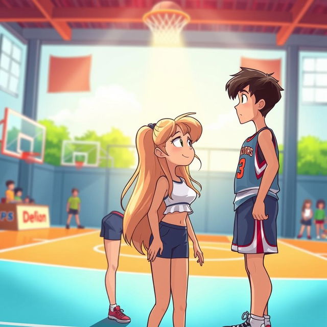 A vibrant basketball court with a tall, dark-haired brunette boy standing at 6'4"