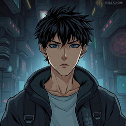 A dark sci-fi scene from a manhwa featuring a young male protagonist in a futuristic, dystopian setting