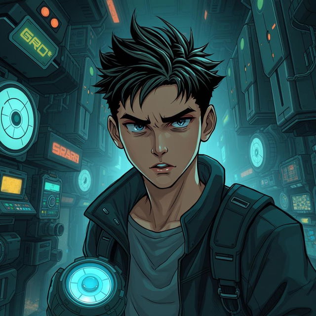 A dark sci-fi scene from a manhwa featuring a young male protagonist in a futuristic, dystopian setting