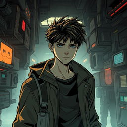 A dark sci-fi scene from a manhwa featuring a young male protagonist in a futuristic, dystopian setting