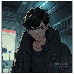 A dark sci-fi scene from a manhwa featuring a young male protagonist in a futuristic, dystopian setting