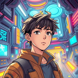 A science fiction scene from a manhwa featuring a young male protagonist in a futuristic, high-tech setting