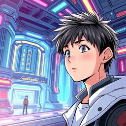 A science fiction scene from a manhwa featuring a young male protagonist in a futuristic, high-tech setting