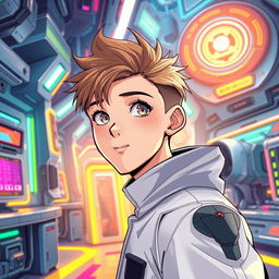 A science fiction scene from a manhwa featuring a young male protagonist in a futuristic, high-tech setting