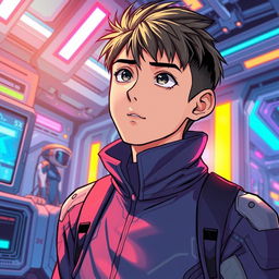 A science fiction scene from a manhwa featuring a young male protagonist in a futuristic, high-tech setting