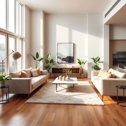 A modern living room interior design featuring a spacious layout with minimalist furniture