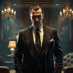 A dramatic scene featuring a heartless mafia boss dressed in a slick, tailored black suit