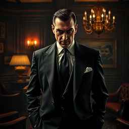 A dramatic scene featuring a heartless mafia boss dressed in a slick, tailored black suit