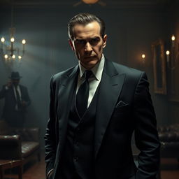 A dramatic scene featuring a heartless mafia boss dressed in a slick, tailored black suit