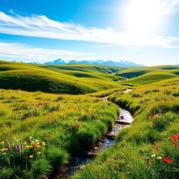 A beautiful landscape with rolling hills covered in wildflowers under a bright blue sky