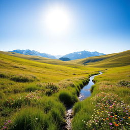 A beautiful landscape with rolling hills covered in wildflowers under a bright blue sky