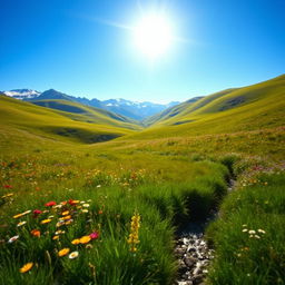 A beautiful landscape with rolling hills covered in wildflowers under a bright blue sky